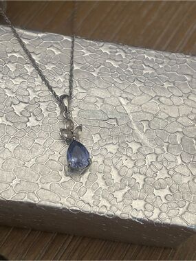 Sterling Silver Necklace with Blue Teardrop Pendant, 18 inches